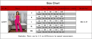 Detailed size chart for strapless wide leg jumpsuit with bust and waist measurements