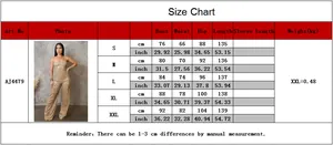 Detailed size chart for women's PU leather sleeveless wide leg jumpsuit in khaki color