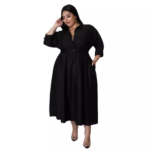 Plus size long sleeve black shirt dress with waist pleats and A-line ankle-length skirt