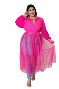 Detail of rose pink plus size chiffon shirt with ruffled mesh hem and matching belt