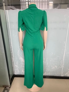 Detail of green short sleeve jumpsuit showing lapel collar and cuff buttons back view