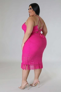 Detail view of the back of a rose red crochet two-piece set featuring long tassels and fringe