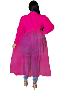 Back view of pink chiffon mesh patchwork tunic top with long sleeves for women