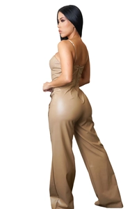 Detailed back view of khaki PU leather wide-leg jumpsuit showing spaghetti straps and zipper