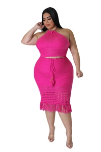 Detail of plus size crochet knit two-piece set in rose pink with fringe and beaded drawstring