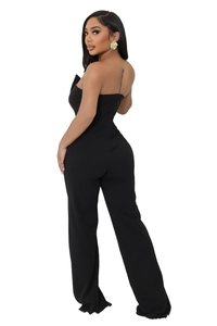 Detailed view of the back showing invisible zipper closure on the black strapless jumpsuit