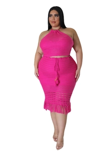 Detail of rose red crochet knit two-piece set featuring fringe trim and drawstring tassels