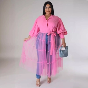 Plus size pink long sleeve dress with puff sleeves and mesh stitching details