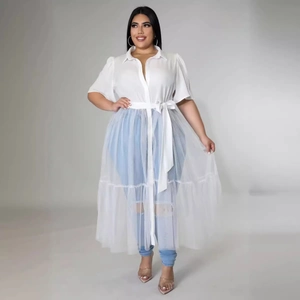 Plus size white chiffon mesh shirt dress with short sleeves and adjustable waist tie