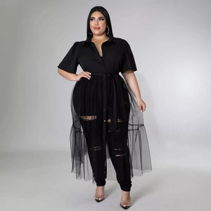 Plus size women's black set featuring mesh splice top with collar and slim fit ripped trousers
