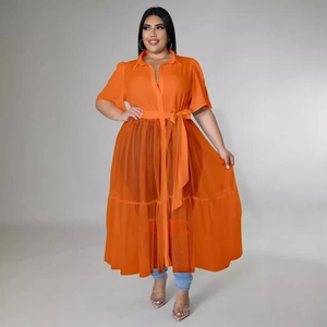 Plus size orange mesh long tunic dress with collar and waist tie for women
