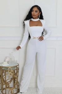 Detail of white wide-leg jumpsuit with cutout neckline and decorative gold chain belt