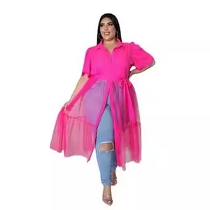 Plus size rose pink short sleeve chiffon shirt dress with mesh hem and button front