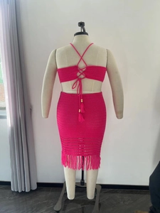Detail of rose pink crochet two-piece set featuring backless cross straps and long fringe