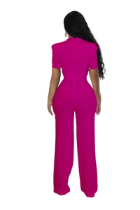 Vue arrière d'une combinaison pantalon rose rouge élégante avec jambes larges et manches