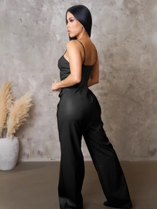 Women's black PU leather sleeveless wide-leg jumpsuit with slim spaghetti straps