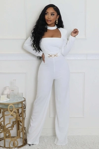 Detail of white wide-leg jumpsuit with choker cutout neck and gold metal waist ornament