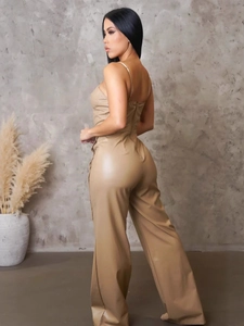 Women's beige PU leather sleeveless wide-leg jumpsuit with slim fit straps and back zipper