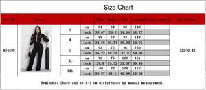 Tableau des tailles détaillé pour combipantalon en mesh, mesures S-XXL en cm et pouces