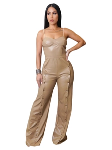 Women's PU leather sleeveless jumpsuit with wide legs and side metal button details