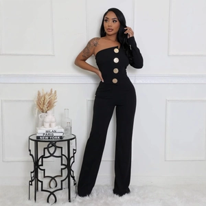 Élégante Combinaison Femme Une Épaule Boutons Dorés Asymétrique Manche Longue Taille Haute Jambe Large Sexy Party
