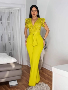 Women Lace Patchwork V-Neck Sleeveless Jumpsuit Wide Leg High Waist Bow Belt Elegant Solid Color Party Romper Jumpsuit