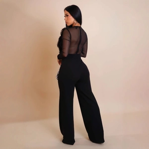 Mesh patchwork long sleeve backless jumpsuit with silver sequin accents in black