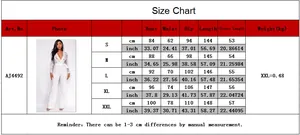 Size chart for lace long sleeve wide leg jumpsuit with measurements in cm and inches