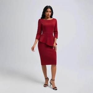 Robe Midi Moulante Peplum Élégante pour Femmes Manches 3/4 Col Rond Fermeture Éclair au Dos Robe Crayon Business pour Bureau Fête