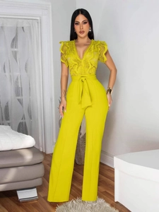 Bright yellow sleeveless lace patchwork jumpsuit for women with high waist and wide legs
