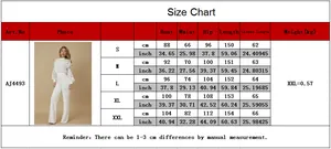 Detailed size chart for lace patchwork long sleeve wide leg jumpsuit in S-XXL sizes