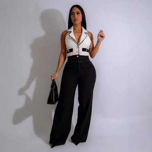 Set tuta da donna con gilet halter in tweed e pantaloni a gamba larga