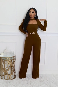 Detail of elegant dark brown jumpsuit with halter neck and gold chain belt decoration