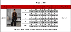 Size chart for leopard print wide leg jumpsuit showing measurements from S to XXL