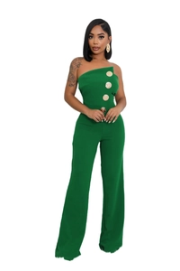 Detail of dark green strapless jumpsuit with oversized gold button accents and wide leg cut