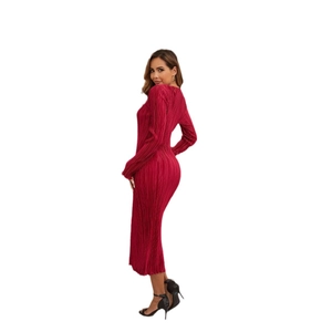 Elegant red long sleeve pleated maxi dress with slim fit stretch design for women