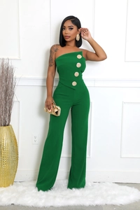 Detailed view of dark green strapless jumpsuit with decorative gold buttons on chest
