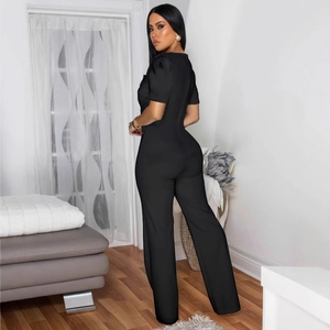 Women's black short sleeve one-piece jumpsuit with round neck and wide leg fit