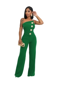Detail of dark green strapless jumpsuit featuring four decorative gold embossed buttons