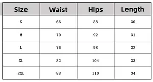 Detailed size chart for women's PU leather shorts including waist, hip, and length measurements