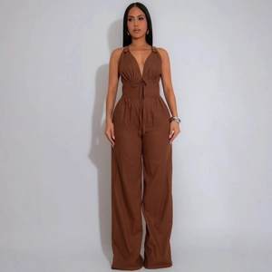 Women Casual Halter V Neck Jumpsuit Sleeveless Drawstring Waist Wide Leg Pants Elegant Splicing Vacation Fashion Romper