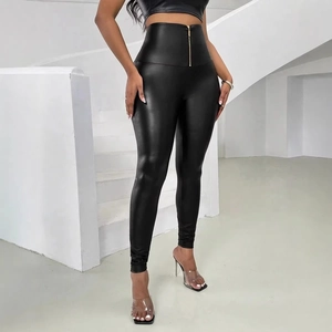 Women's High Waisted PU Leather Leggings Sexy Slim Fit Stretchy Faux Leather Pants With Front Zipper Solid Black Fashion