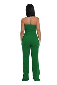 Rear view of emerald green strapless jumpsuit showing invisible back zipper and wide leg cut