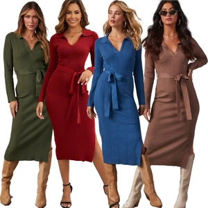 Abito Lungo da Donna in Maglia a Costine Manica Lunga Collo a Polo Scollo a V Aderente Spacco Laterale Con Cintura Elegante