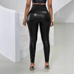 Women high waist black faux leather pants with push-up effect and glossy elastic PU finish