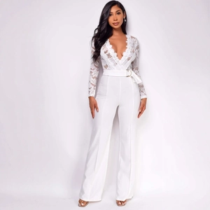 Elegant white lace long sleeve jumpsuit with deep V-neck, waist belt and wide leg pants