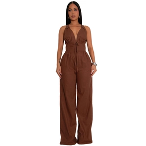 Deep V-neck sleeveless brown jumpsuit for women with wide legs and drawstring waist