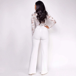 Elegant white lace long sleeve jumpsuit with high waist wide leg trousers, back view
