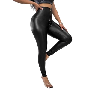 Women high waist PU leather leggings with front zipper closure for tummy control
