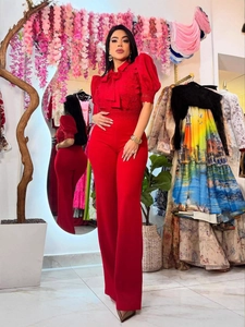 Eleganter Jumpsuit Mit Spitzenheftung Für Damen Weites Bein Hohe Taille Schleife Puffärmel Formelle Party Büro Einteiler
